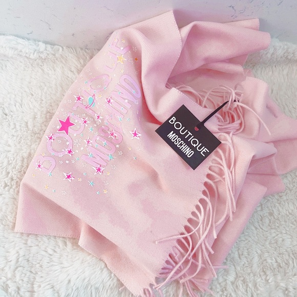 Authentic Moschino XL Merino Wool Baby Pink Pastel Star Logo Scarf - Picture 3 of 11
